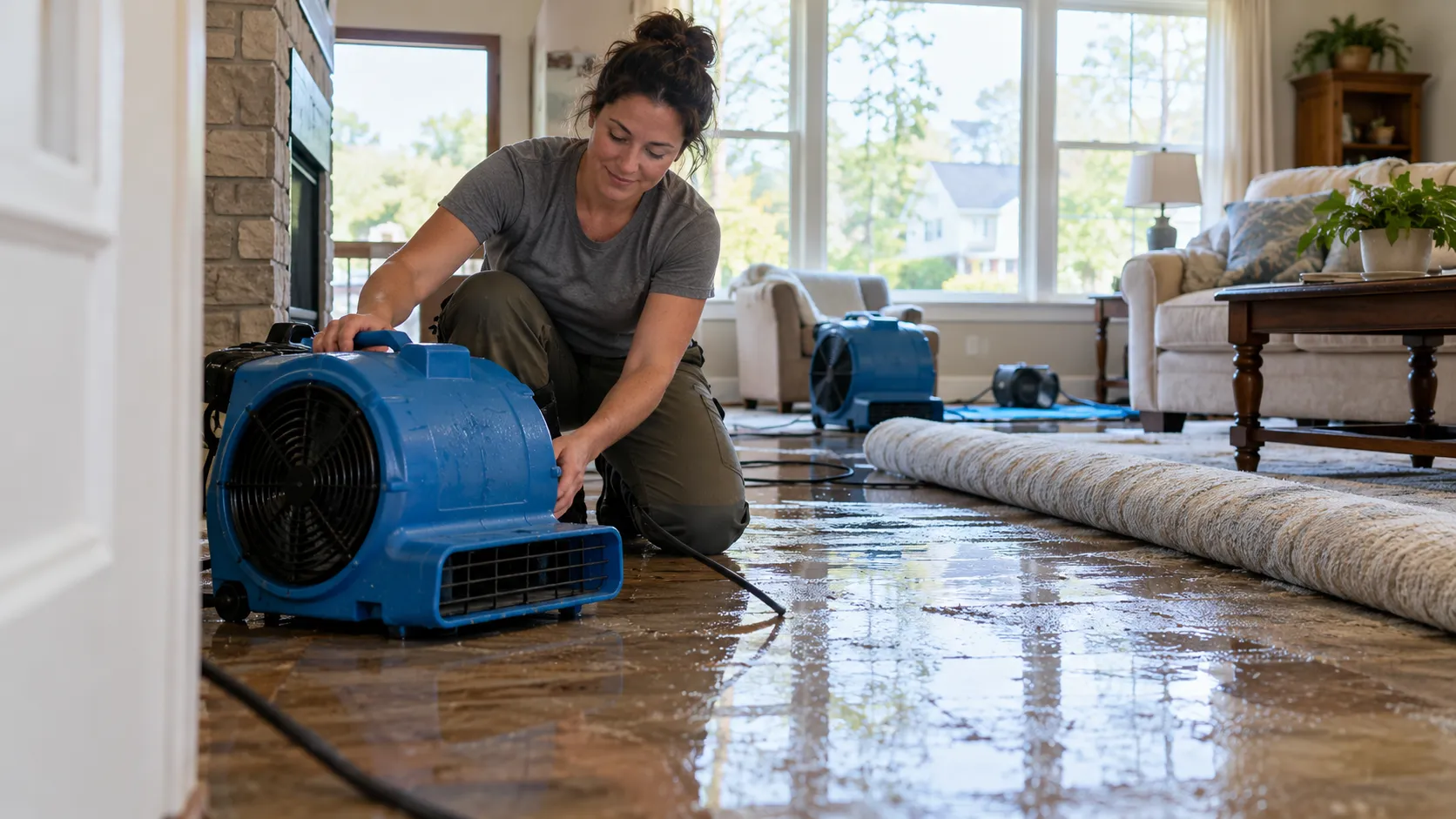 Water damage restoration technician drying a flooded living room in West Palm Beach
